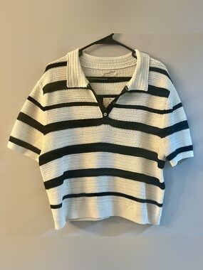 Universal Thread Cream and Black Striped Crochet Polo Sweater